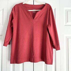 L.L. Bean Women’s Cotton Top Salmon Plus Size 1X Split Neck 3/4 Sleeve Casual